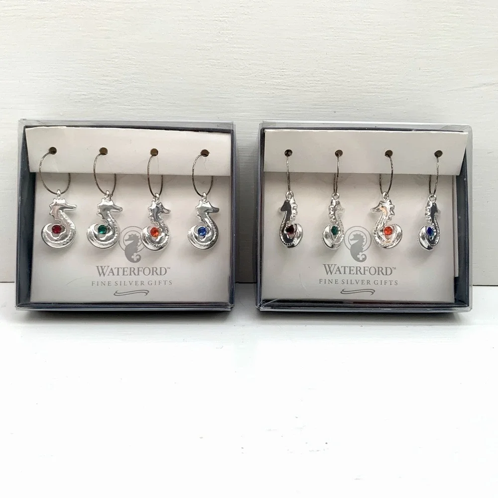 2 Sets of WATERFORD Fine Silver Gifts Seahorse Wine Charms - Sea Horse 2002